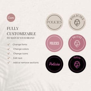 May include: A graphic design featuring circular elements with the word "POLICIES" in various fonts and colors. The design includes a lock and heart icon, and the text "FULLY CUSTOMIZABLE" with options to change fonts, colors, and icons.