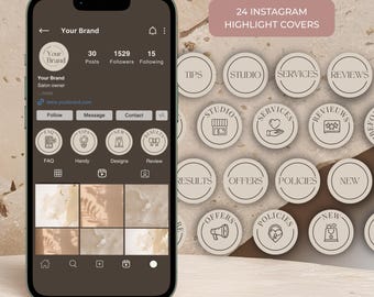 May include: A smartphone displays an Instagram profile with a brand logo and follower count. Beside it are 24 beige Instagram highlight covers with icons and text like "Tips," "Studio," and "Services." The text "24 Instagram Highlight Covers" is also visible.