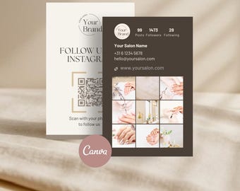 May include: A business card and a promotional card with a brown background. The business card has the text "Your Brand" and "FOLLOW US INSTAGRAM". The promotional card has the text "Your Salon Name" and a grid of nail art images. The Canva logo is visible.