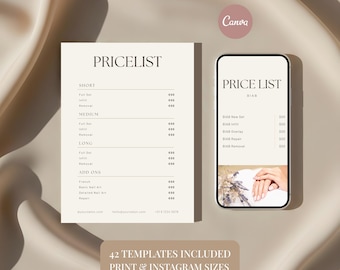 May include: A digital nail salon pricelist template with a minimalist design. The template includes a price list for various nail services, displayed on a white background with a phone mockup. The image also includes the text "42 TEMPLATES INCLUDED PRINT & INSTAGRAM SIZES."