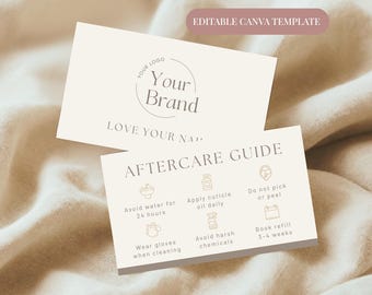 May include: Two cream-colored business cards with text. One card has a logo and says "Your Brand" and "Love Your Nails". The other card is an aftercare guide with icons and instructions.