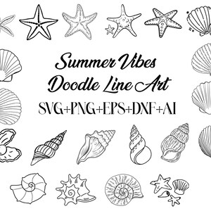 Sea Shell Starfish Clipart Bundle, Nautical Line Art, Coastal Ocean Sketch, Blue Ink Vector Digital Download SVG PNG for Cricut