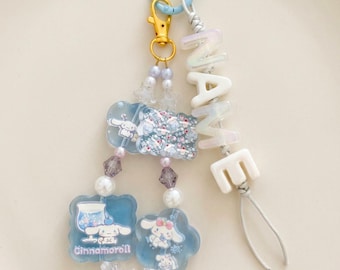 Cinnamoroll Keychain Personalized Name Charm, Kawaii Bag Accessory, Handmade Character Bead Keychain, Cute Backpack Tag