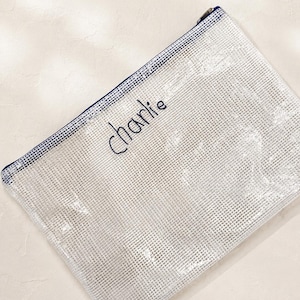 Op de afbeelding: Een rechthoekig, doorzichtig etui van gaas met een ruitpatroon. De naam Charlie is in een donker, cursief lettertype op de voorzijde gedrukt. Het etui is voorzien van een donkerblauwe ritssluiting langs de bovenrand van het item.