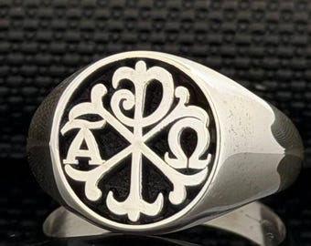 925 sterlingzilveren Chi Rho Alpha Omega-ring – Religieuze sieraden voor dames en heren.