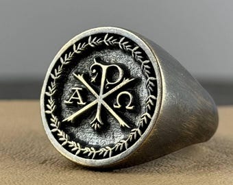 Anillo Chi Rho Alpha Omega de plata de ley oxidada, joyería con el símbolo cristiano de Jesús.