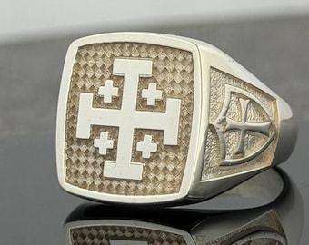 Anillo con cruz de Jerusalén de plata de ley 925, anillo de cruzado, anillo de sello cristiano, anillo de plata para hombre, joyería religiosa, regalo para él.
