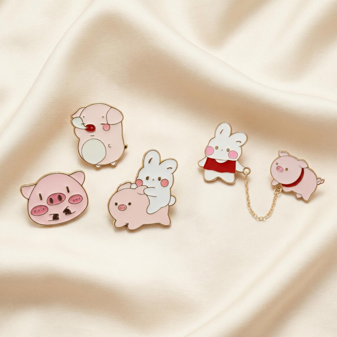 Cute Pig Bunny Enamel Pin Set, Kawaii Animal Brooch Pins, Pink Pig Face ...