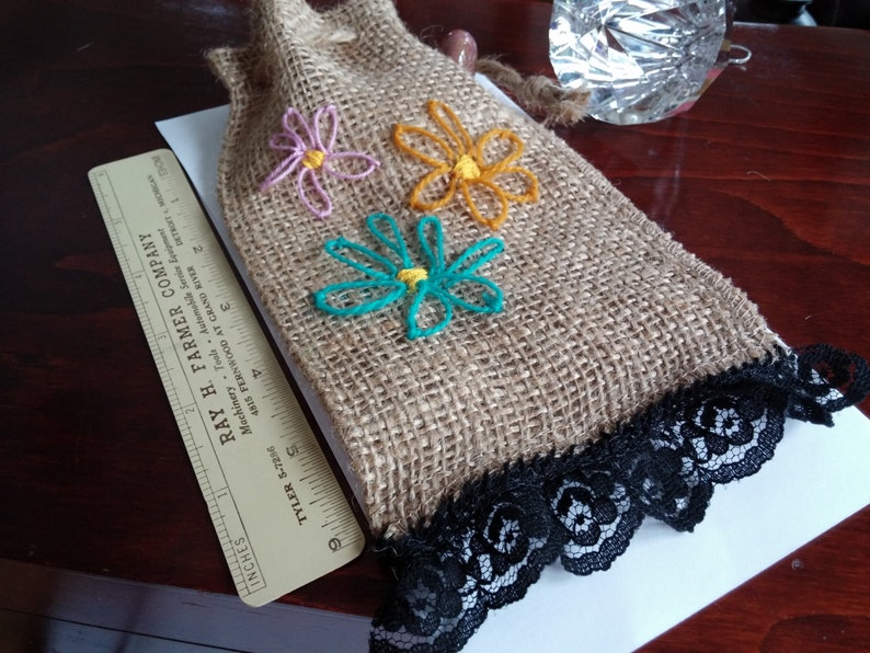 Black Lace Trim SUMMER SALE Flowered Burlap Bag Burlap Rope Closure 1inch Black Lace 3 Hand Embroyered Flowers, 4x7 inches
