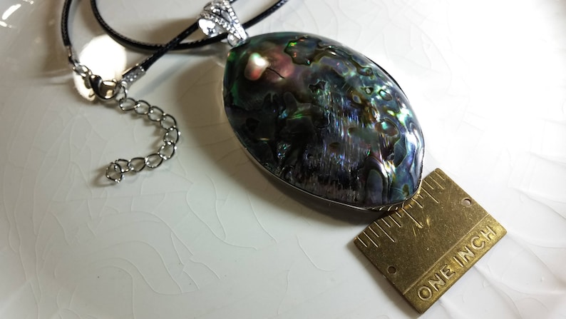 .925 Sterling Silver Pendant is 2.75x1.5in on 17in Black Mesh Cord With 1.5in Extension Chain SUMMER SALE Abalone Gemstone Necklace