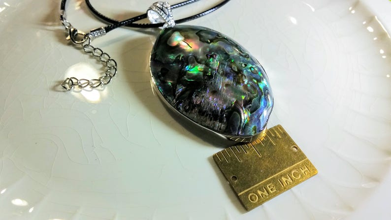 .925 Sterling Silver Pendant is 2.75x1.5in on 17in Black Mesh Cord With 1.5in Extension Chain SUMMER SALE Abalone Gemstone Necklace