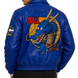 Chaqueta de cuero azul para hombre de Dragon Ball Z Capsule Corp / Chaqueta bomber de piel de oveja para cosplay de anime