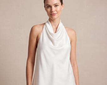 Silk Satin Halter Cowl Neck Top, Elegant Draped Cami, Minimalist Summer Blouse