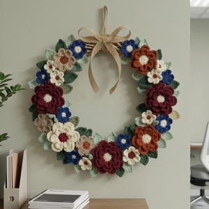 Crochet Flower Wreath Pattern PDF, Farmhouse Door Wreath Tutorial, All Season Floral Wall Decor, Fall Wreath DIY, Year Round Wreath