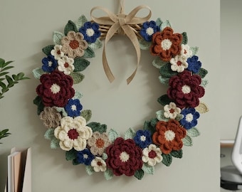 Crochet Flower Wreath Pattern PDF, Farmhouse Door Wreath Tutorial, All Season Floral Wall Decor, Fall Wreath DIY, Year Round Wreath