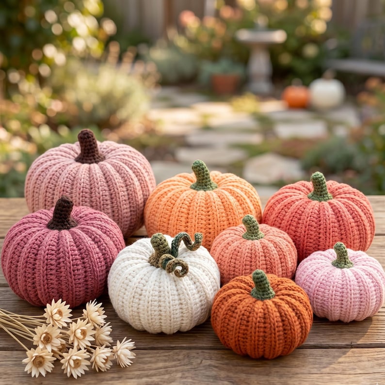 Peut inclure: Plusieurs citrouilles crochet&eacute;es &agrave; la main, de couleurs vari&eacute;es : rose, orange et blanc. Chaque citrouille a une tige marron ou verte, dispos&eacute;es sur une surface en bois, parfaites pour la d&eacute;coration d'automne.