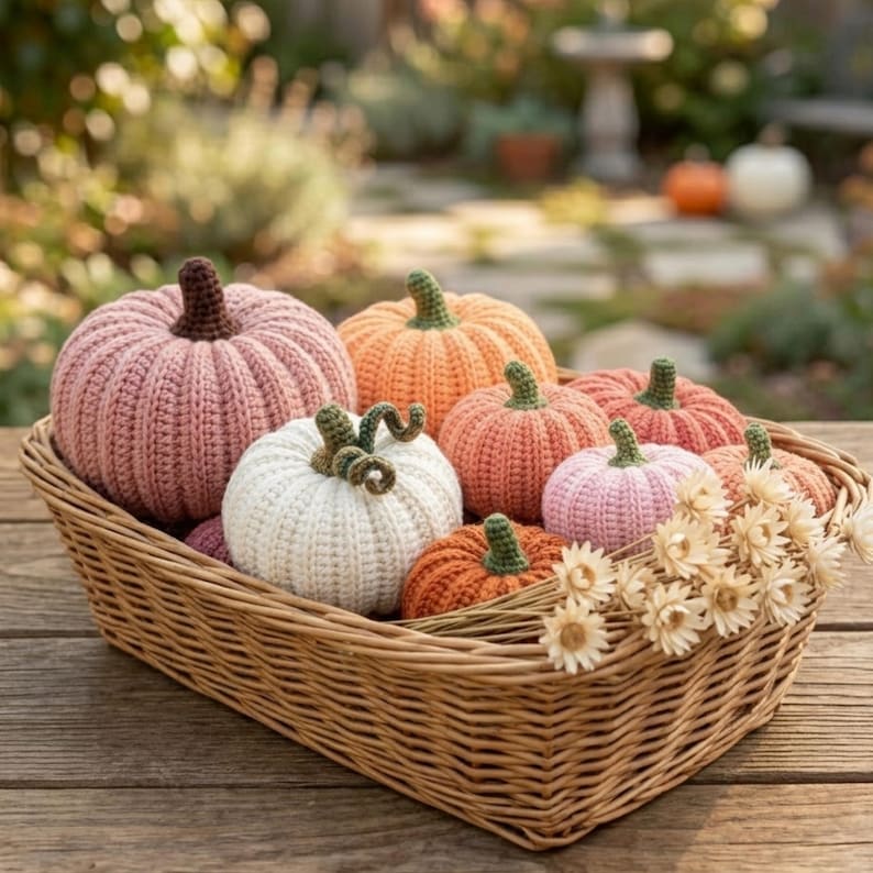 Peut inclure: Un panier en osier rempli de diverses citrouilles crochet&eacute;es dans des tons de rose, d'orange et de blanc. Les citrouilles ont des tiges vertes ou marron. Le panier est pos&eacute; sur une surface en bois, avec un arri&egrave;re-plan ext&eacute;rieur flou.