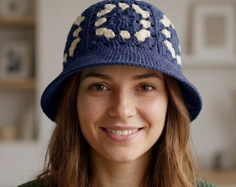 Crochet Bucket Hat Pattern for Beginners, Y2K Summer Hat PDF, Granny Square Crown Hat Photo Tutorial, Gift for Crocheter, Instant Download