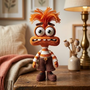 Könnte beinhalten: Handgemachte Häkelpuppe mit orangefarbenem Haar, großen weiß umrandeten Augen und einem breiten orangefarbenen Mund. Die Puppe trägt ein gestreiftes Hemd, braune Shorts und braune Schuhe. Die Puppe steht auf einer Holzoberfläche.