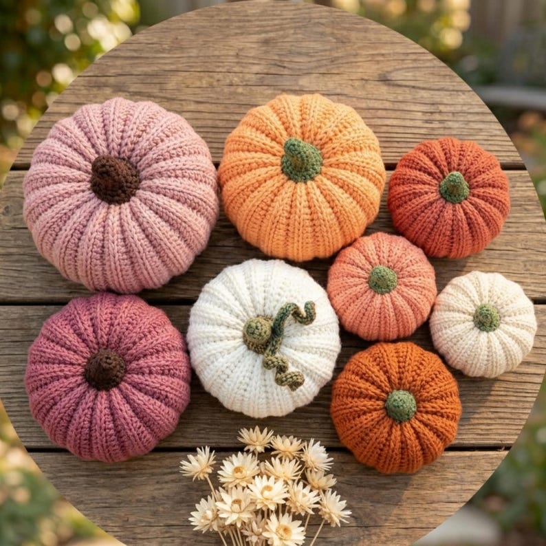 Peut inclure: Plusieurs citrouilles tricot&eacute;es &agrave; la main, de couleurs vari&eacute;es : rose, orange, blanc et rouille. Chaque citrouille a une tige verte et est dispos&eacute;e sur une surface en bois, cr&eacute;ant une ambiance automnale.
