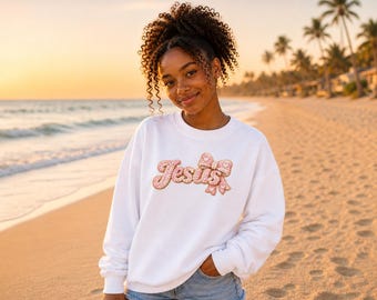 Jesus Crewneck Sweatshirt, Faith Bow Detail, Christian Apparel for Teens