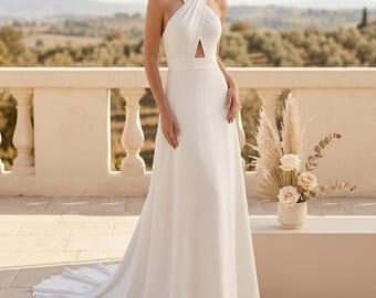 Vestido de novia con cuello halter y espalda descubierta, vestido de novia minimalista de corte A, vestido de novia elegante, vestido de recepción, look de boda de verano