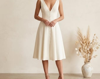 V Neck Button Wedding Dress A Line Midi Bridal Dress Spaghetti Strap Simple Bride Dress Summer Courthouse Wedding Outfit