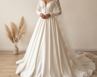 Vestido de novia de gala de manga larga, vestido de novia de encaje y satén, vestido de princesa con cola catedral, elegante novia