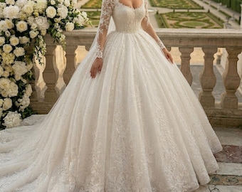 Vestido de novia de princesa con falda larga de encaje y cola catedral, vestido de novia real, elegante idea de regalo de boda.