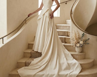 Vestido de novia de satén sin tirantes estilo princesa, minimalista, corte A, elegante cola, vestido formal de novia, regalo para ella.