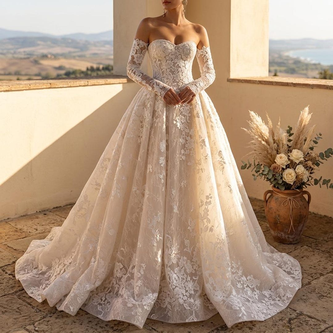 Off Shoulder Lace Ball Gown Wedding Dress Long Sleeve Bridal Gown ...