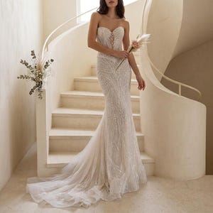 Vestido de novia de encaje estilo sirena, sin tirantes, con corsé, cola de lujo con cuentas, elegante vestido de novia ajustado, regalo para ella.