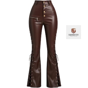 May include: Brown faux leather pants with a high waist, zipper, and button closure. The pants feature lace-up detailing on the sides and a flared leg. The brand logo is in the upper right corner.