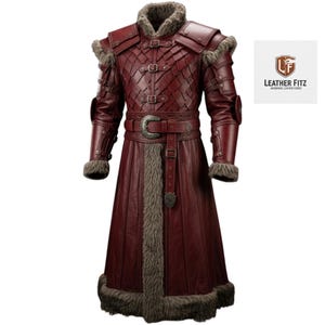 May include: A burgundy leather coat with a diamond-patterned chest and shoulder armor. The coat features a fur-lined collar, cuffs, and hem, along with a belt with a large buckle. The Leather Fitz logo is in the upper right corner.