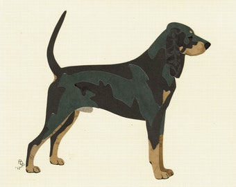 Black & Tan Coonhound handmade original cut paper collage dog art
