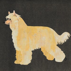 May include: A light beige Chinese Crested dog with long hair stands on a dark gray background. The dog is facing to the left and has its head turned to the right.