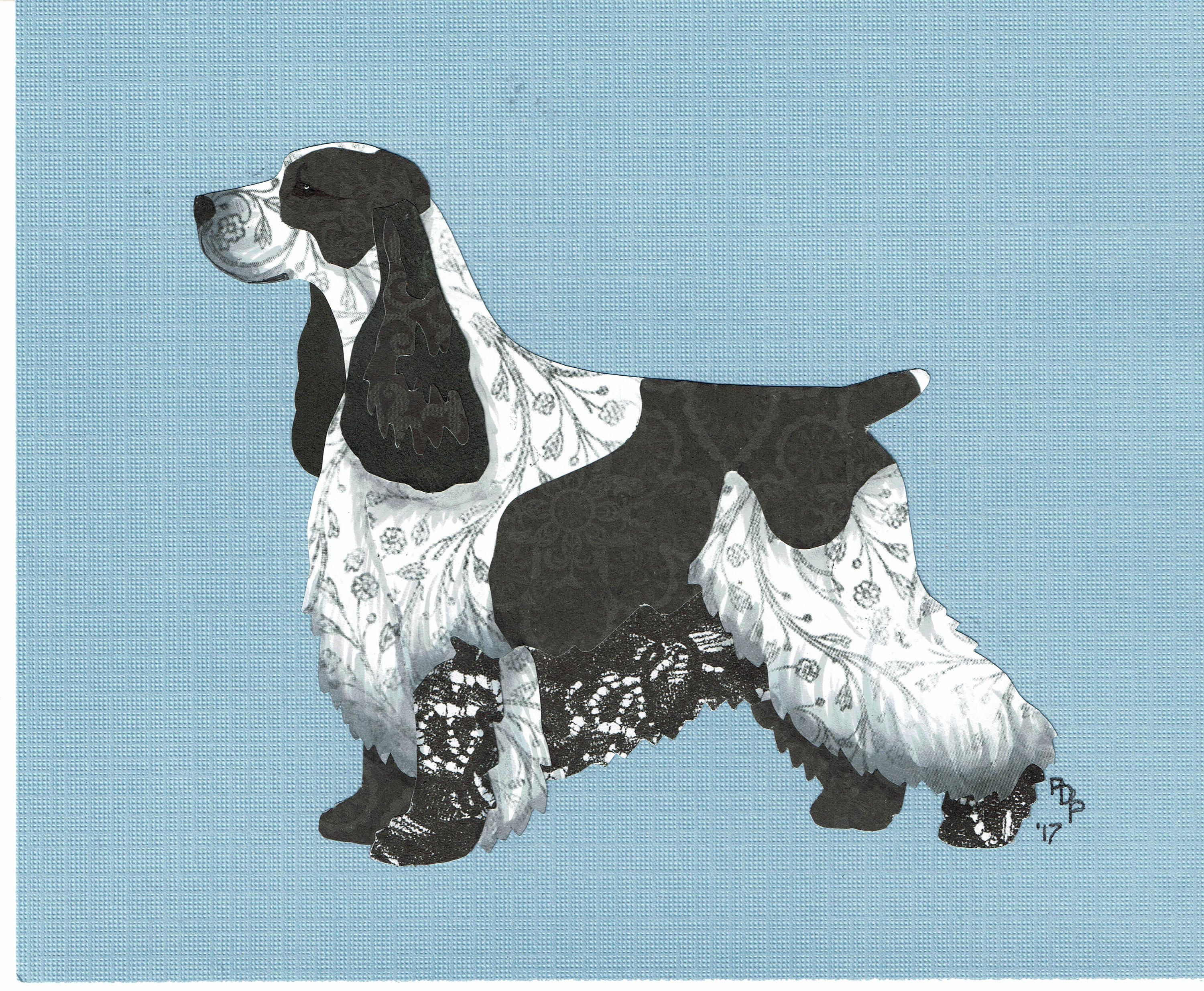 English Cocker Spaniel Handmade Original Cut Paper Collage Dog Art