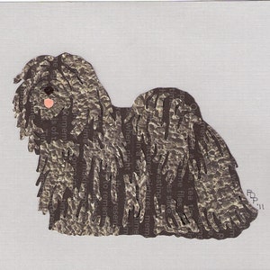 May include: A black and grey paper cutout of a dog with long, shaggy hair. The dog is standing on a white background. The text "POR" is written in the bottom right corner of the image.