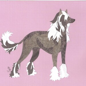 May include: A paper cutout of a Chinese Crested dog with a white and gray coat. The dog is standing on a pink background.