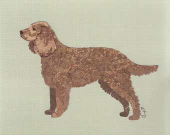 American Water Spaniel handmade original cut paper collage dog art