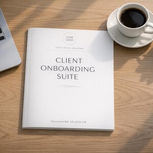 May include: A laptop, a white coffee cup with dark liquid, a small succulent plant in a white pot, and a white booklet with the text "CLIENT ONBOARDING SUITE" are arranged on a wooden surface. The booklet also has the text "YOUR VIRTUAL ASSISTANT".