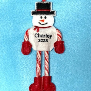 Personalized Snowman Candy Cane Holder Ornament, Gift Tag