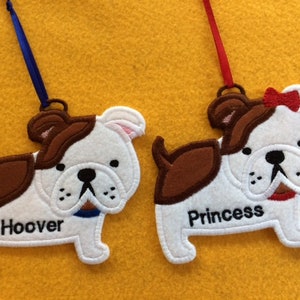 1 Personalized Bulldog Male or Female Felt Ornaments, School Mascot Ornament, Wreath Decoration, Stocking Decoration or Gift Tags