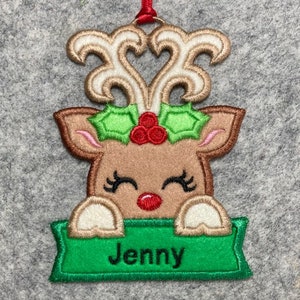 Personalized Reindeer Girl Felt Christmas Ornament, Gift Tag, Wreath Decoration, Stocking Decoration, Party Favor