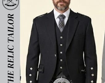 Handmade Men’s Black Argyll Kilt Jacket and Waistcoat Set - Premium Wool Highland Formal Jacket - Traditional Scottish Wedding & Event Wear