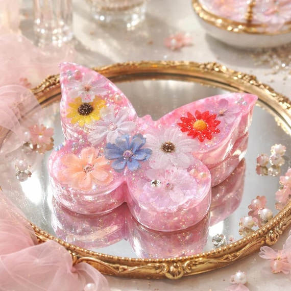 Handcrafted Butterfly Resin Ornament with Delicate Flowers