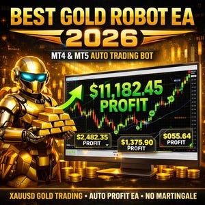 以下が含まれることがあります： 金色のロボットが金塊を持ち、画面に「$11,182.45 PROFIT」と表示された金融チャートが表示されているコンピューター画面の隣に立っています。画像には「BEST GOLD ROBOT EA 2026」と「MT4 & MT5 AUTO TRADING BOT」という文字も含まれています。