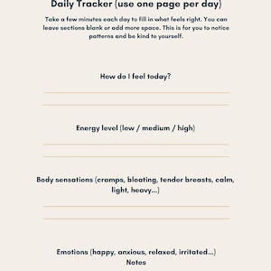 Może przedstawiać: Beżowa strona dziennego trackera z sekcjami do rejestrowania uczuć, poziomów energii, odczuć ciała i emocji. Zawiera tekst "Daily Tracker" i "How do I feel today?"