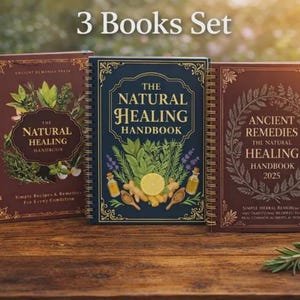 May include: A set of three hardback books titled "The Natural Healing Handbook" and "Ancient Remedies The Natural Healing Handbook 2025". The books are brown and navy blue with gold spiral binding and botanical illustrations.