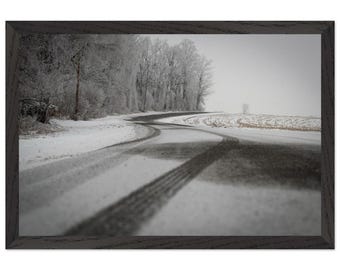 Snowy Rural Road Landscape Print | Western New York Winter Photography (Framed Poster)